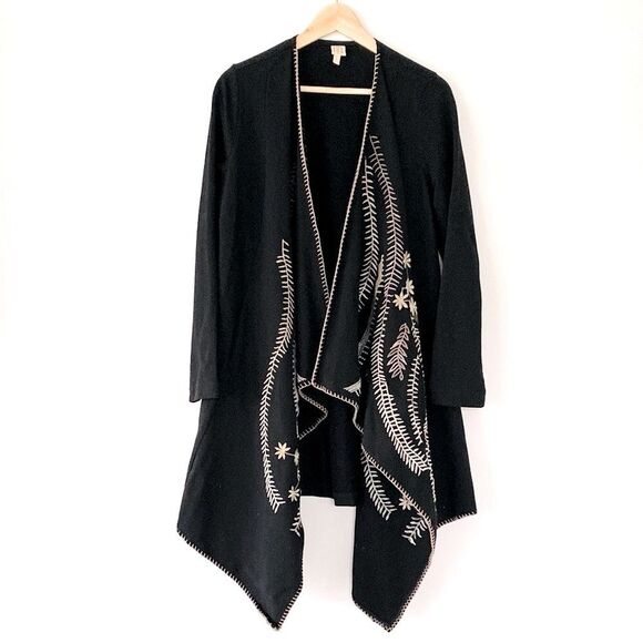 XCVI Black Floral Design Embroidered Open front draped Duster Jacket Cotton sz L - Picture 1 of 10
